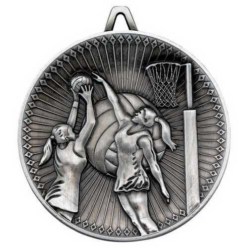 Netball Deluxe Medal - Antique Silver 2.35" Thumbnail