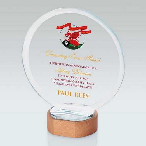 Clear Glass Circle On Light Wood Base - 7.25" Thumbnail