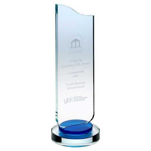 Clear Glass Plaque With Blue Collar On Round Base - 13.75" Thumbnail