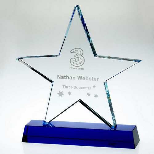 Clear Glass Star Plaque On Blue Base - 8.25" Thumbnail