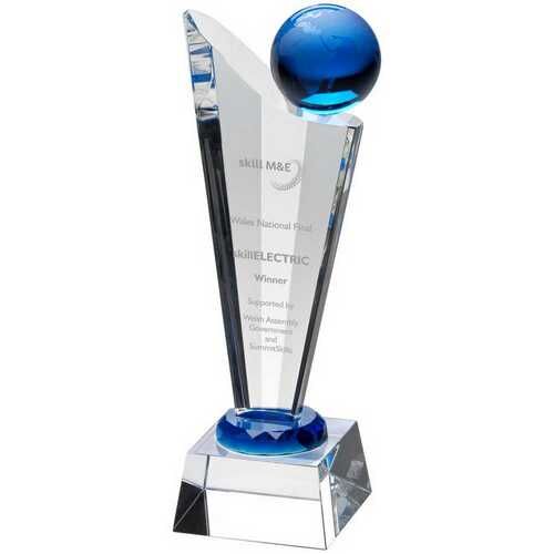 Clear/Blue Glass Victory Plaque With Blue Globe - 9.25" Thumbnail