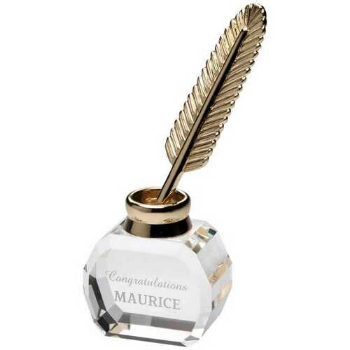 Clear Glass Inkwell With Metal Feather Quill - 5" Thumbnail