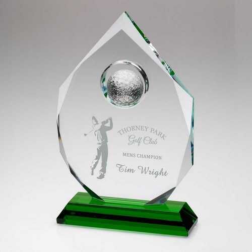 Clear Glass Diamond With Golf Ball On Green Base - 8.75" Thumbnail