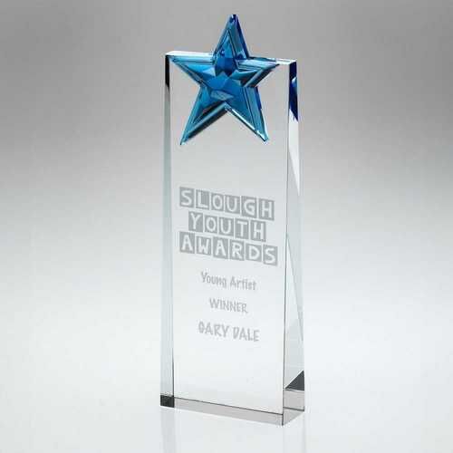Clear Glass Wedge With Blue Glass Star - 8" Thumbnail