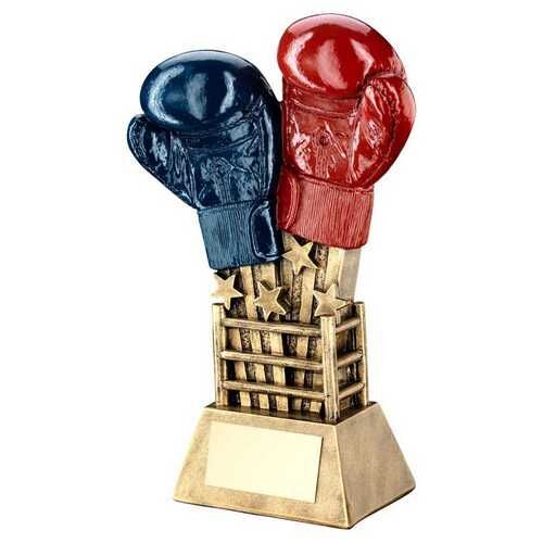 Bronze/Gold/Red/Blue Boxing Gloves Star Burst With Ring Base With Plate - 6.5" Thumbnail