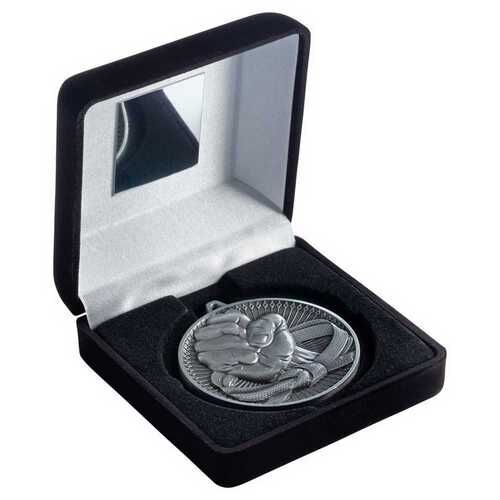 Black Velvet Box And 60Mm Medal Martial Arts Trophy - Antique Silver 4" Thumbnail