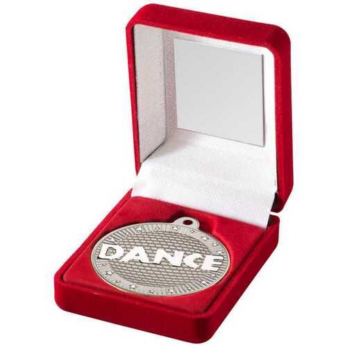Red Velvet Box And 50Mm Dance Medal Trophy - Matt Silver/Silver 3.5" Thumbnail