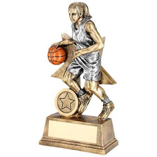 Bronze/Pew/Orange Female Basketball Figure With Star Back With Plate  - 7" Thumbnail