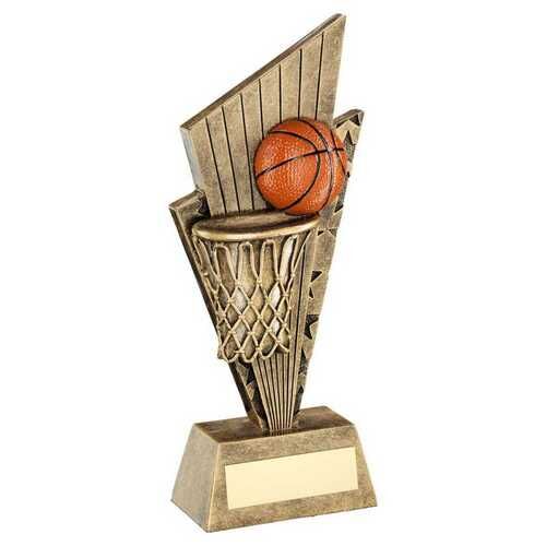 Bronze/Gold/Orange Basketball And Net On Pointed Backdrop With Plate - 7" Thumbnail