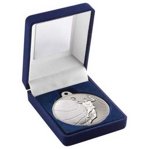 Blue Velvet Box And 50Mm Basketball Medal Trophy - Matt Silver/Silver 3.5" Thumbnail