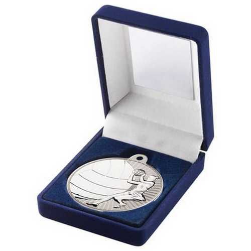 Blue Velvet Box And 50Mm Netball Medal Trophy - Matt Silver/Silver 3.5" Thumbnail