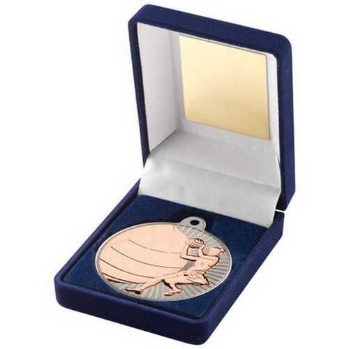 Blue Velvet Box And 50Mm Netball Medal Trophy - Matt Silver/Bronze 3.5" Thumbnail