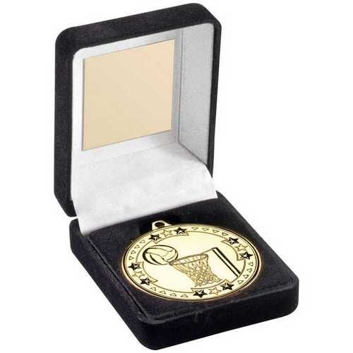 Black Velvet Medal Box And 50Mm Medal Netball Trophy - Gold 3.5" Thumbnail