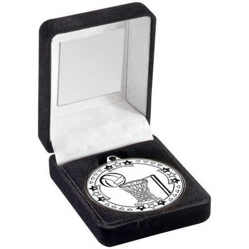 Black Velvet Medal Box And 50Mm Medal Netball Trophy - Silver 3.5" Thumbnail