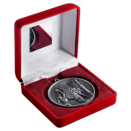Red Velvet Box And 60Mm Medal Netball Trophy - Antique Silver 4" Thumbnail