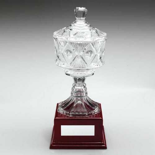 Clear Glass Cup On Wood Base With Plate - 13.25" Thumbnail