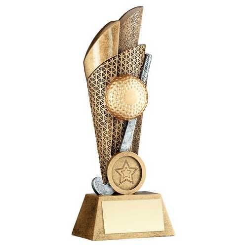 Bronze/Pewter/Gold Hockey Ball And Stick On Backdrop With Plate - 7.25" Thumbnail