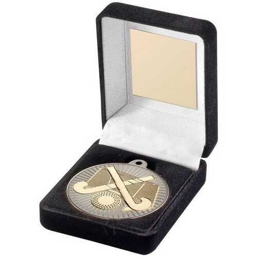 Black Velvet Box And 50Mm Hockey Medal Trophy - Matt Silver/Gold 3.5" Thumbnail