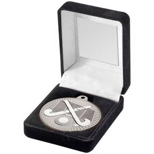 Black Velvet Box And 50Mm Hockey Medal Trophy - Matt Silver/Silver 3.5" Thumbnail