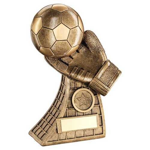 Bronze/Gold Football And Goalkeeper Glove On Net Base With Plate  - 7.25" Thumbnail