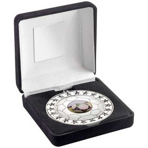 Black Velvet Box And 70Mm Football Medal Trophy  - Silver 4" Thumbnail
