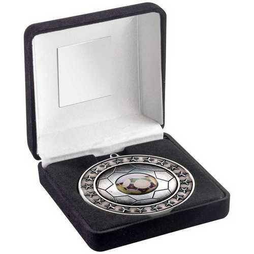 Black Velvet Box And 70Mm Football Medal Trophy  - Antique Silver 4" Thumbnail