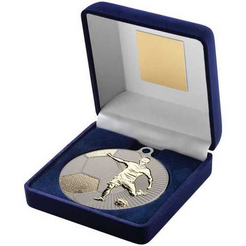 Blue Velvet Box And 70Mm Football Medal Trophy - Matt Silver/Gold 4" Thumbnail