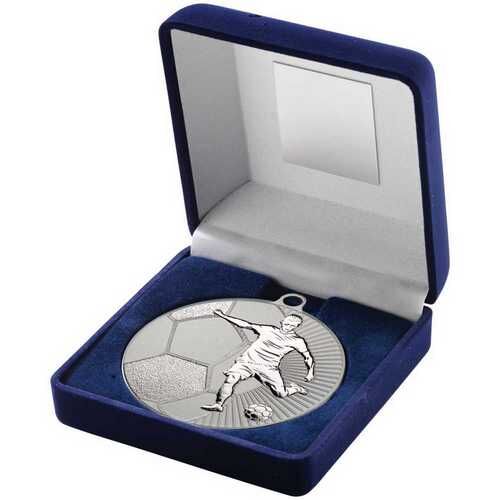 Blue Velvet Box And 70Mm Football Medal Trophy - Matt Silver/Silver 4" Thumbnail