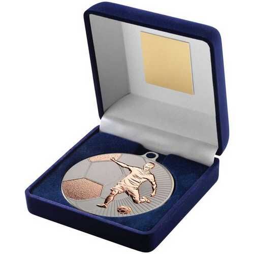 Blue Velvet Box And 70Mm Football Medal Trophy - Matt Silver/Bronze 4" Thumbnail