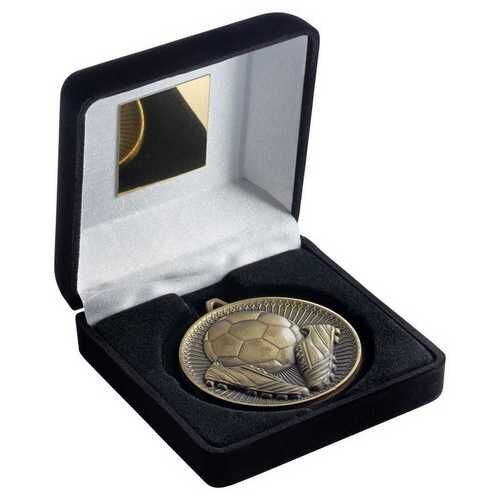 Black Velvet Box And 60Mm Medal Football Trophy - Antique Gold 4" Thumbnail
