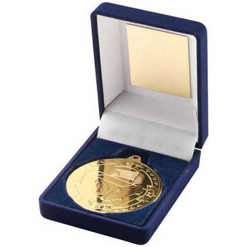 Blue Velvet Box And 50Mm Medal Football Trophy - Gold 3.5" Thumbnail