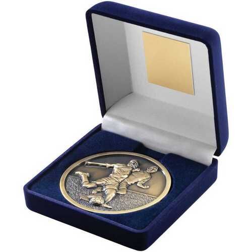 Blue Velvet Box And 70Mm Medallion Football Trophy - Antique Gold 4" Thumbnail