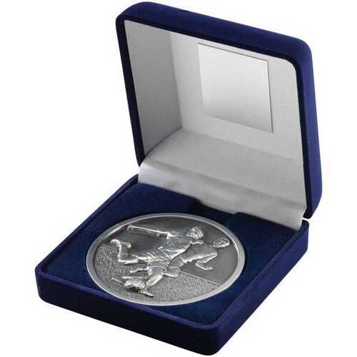 Blue Velvet Box And 70Mm Medallion Football Trophy - Antique Silver 4" Thumbnail