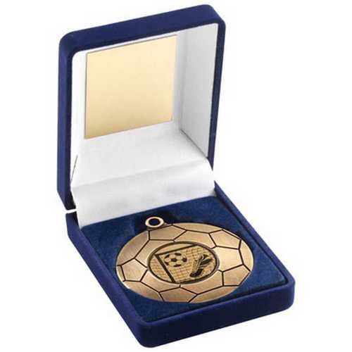 Blue Velvet Box And 50Mm Football Medal Trophy Antique Gold  - 3.5" Thumbnail