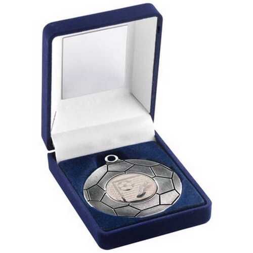 Blue Velvet Box And 50Mm Football Medal Trophy Antique Silver  - 3.5" Thumbnail