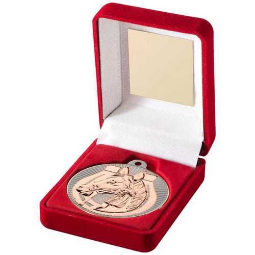 Red Velvet Box And 50Mm Horse Medal Trophy - Matt Silver/Bronze 3.5" Thumbnail
