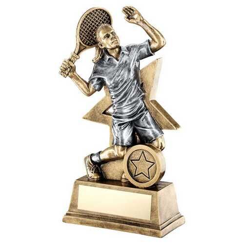 Bronze/Gold/Pew Female Tennis Figure With Star Backing With Plate  - 7" Thumbnail