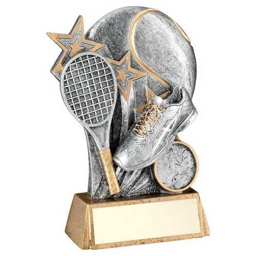 Pew/Gold Tennis Ball With Racket On Brz Base With Plate - 5.25" Thumbnail