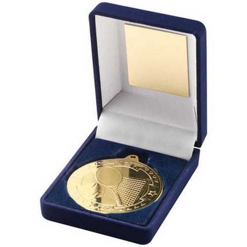 Blue Velvet Box And 50Mm Medal Tennis Trophy - Gold 3.5" Thumbnail