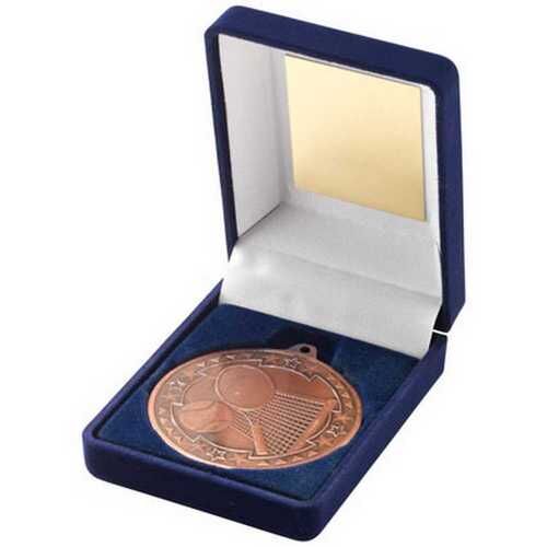 Blue Velvet Box And 50Mm Medal Tennis Trophy - Bronze 3.5" Thumbnail
