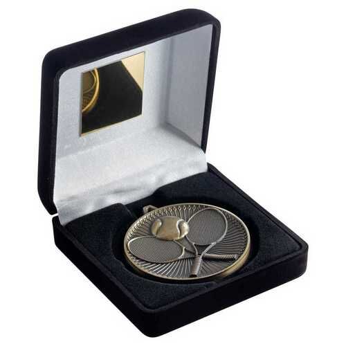 Black Velvet Box And 60Mm Medal Tennis Trophy - Antique Gold - 4" Thumbnail