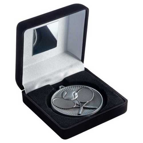 Black Velvet Box And 60Mm Medal Tennis Trophy - Antique Silver - 4" Thumbnail