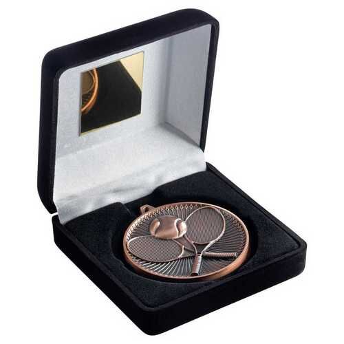 Black Velvet Box And 60Mm Medal Tennis Trophy - Bronze - 4" Thumbnail