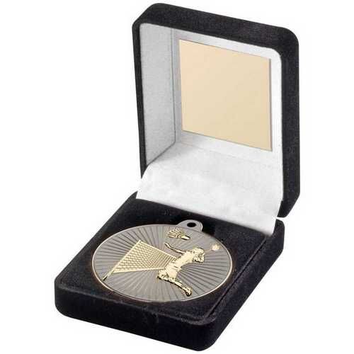 Red Velvet Box And 50Mm Badminton Medal Trophy - Matt Silver/Gold 3.5" Thumbnail