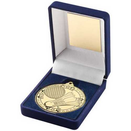 Blue Velvet Box And 50Mm Medal Badminton Trophy - Gold - 3.5" Thumbnail