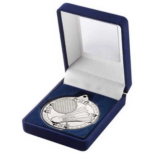 Blue Velvet Box And 50Mm Medal Badminton Trophy - Silver - 3.5" Thumbnail