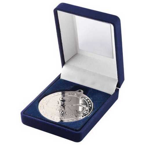 Blue Velvet Box And 50Mm Medal Swimming Trophy - Silver 3.5" Thumbnail
