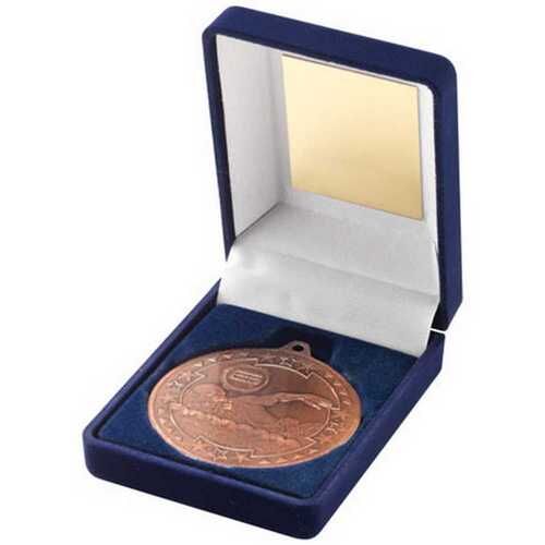 Blue Velvet Box And 50Mm Medal Swimming Trophy - Bronze 3.5" Thumbnail