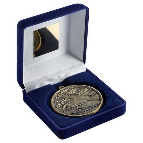 Blue Velvet Box And 60Mm Medal Swimming Trophy - Antique Gold - 4" Thumbnail