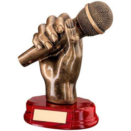 Bronze/Gold Resin Microphone in Hand With Plate - 7" Thumbnail